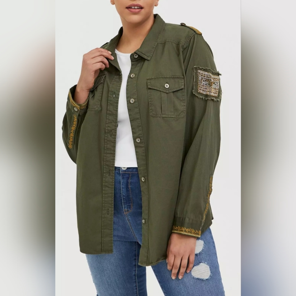 Torrid Women's Twill Embroidered Olive Green Military Jacket 100% Cotton 5/5X